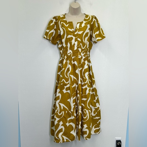 Meadow Rhodes - Mustard And White Fun Pattern V Neck Tiered Maxi Dress Size Med - Picture 2 of 10